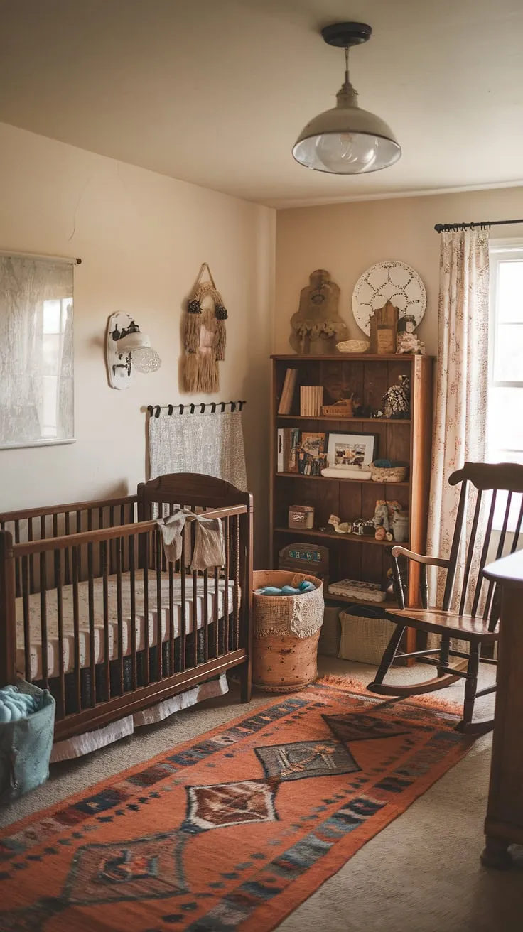 A thrifted vintage aesthetic creates a warm, cozy cottage-style nursery.