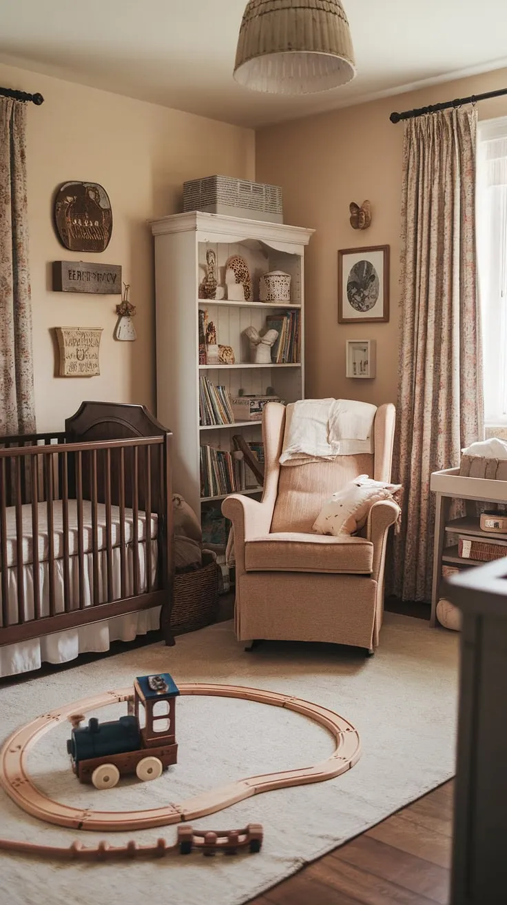 A thrifted antique-style nursery creates a warm, inviting space with a play area and comfortable seating for parents.