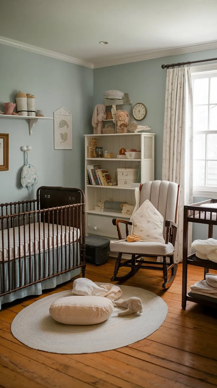 A charming cottage-style nursery evokes a sense of peaceful tranquility for a new arrival