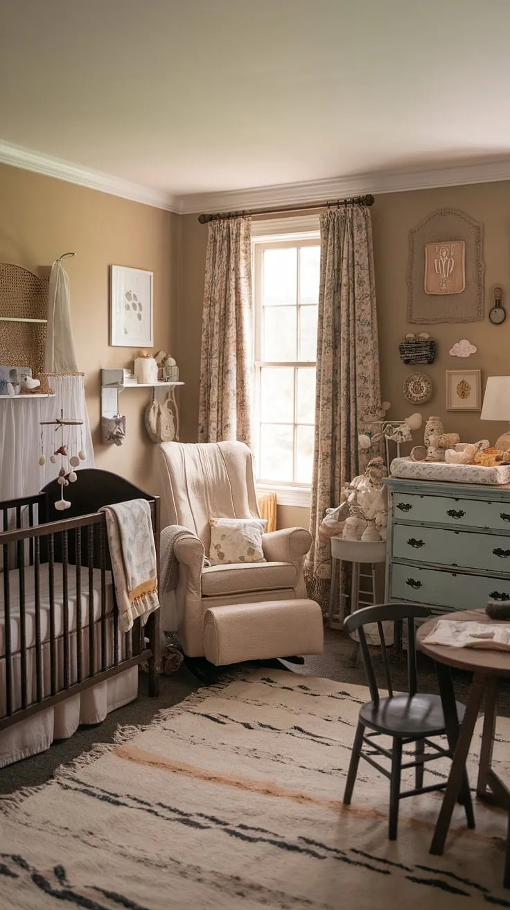 A soft-hued cottage nursery, filled with antique-style furnishings and baby toys, creates a tranquil and inviting space for a new arrival.