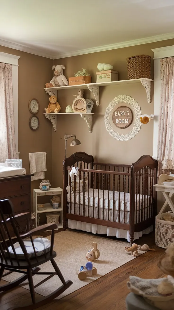 Cozy cottage charm fills a vintage-style nursery, complete with wooden crib and cherished baby items.