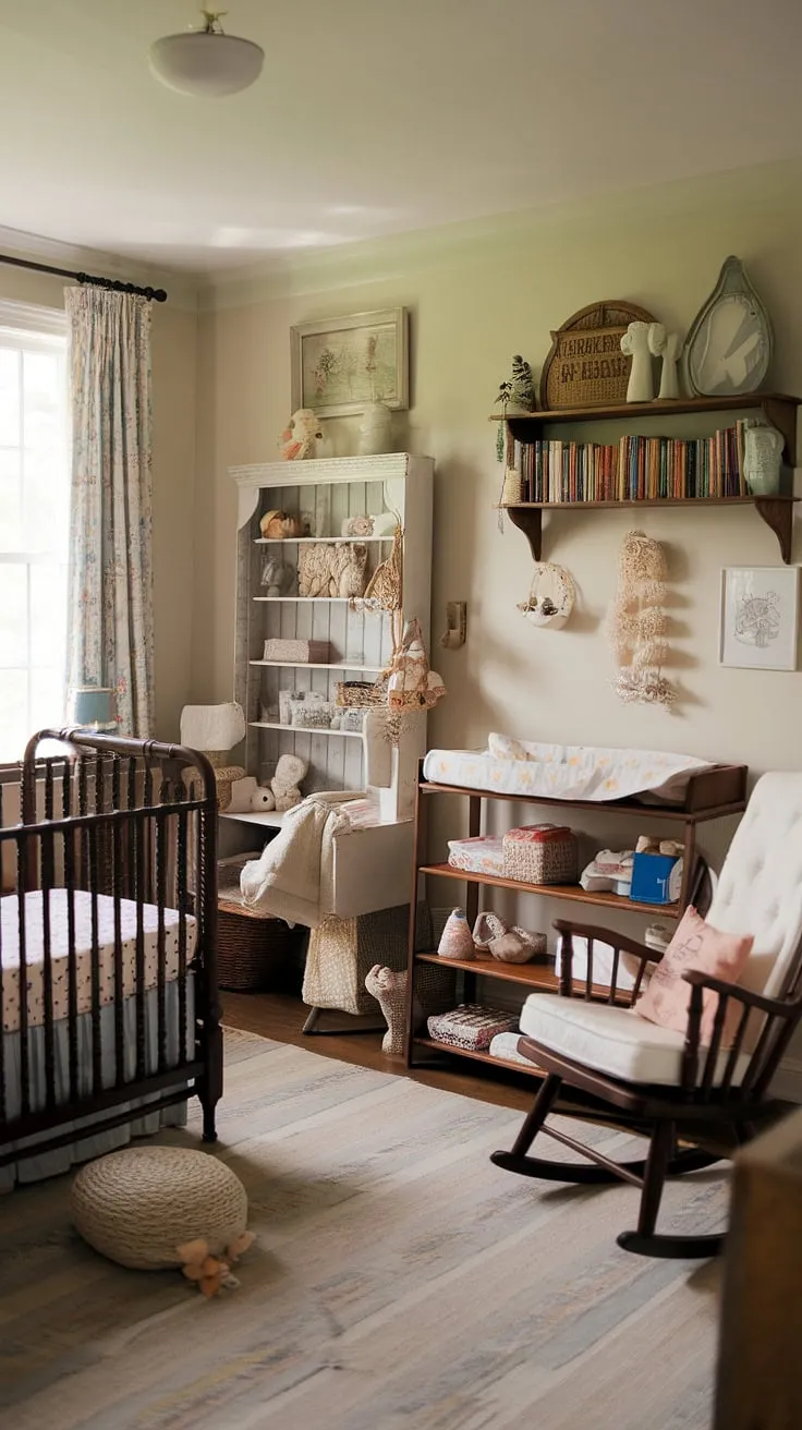 Soft colors and vintage finds create a whimsical, antique nursery atmosphere.