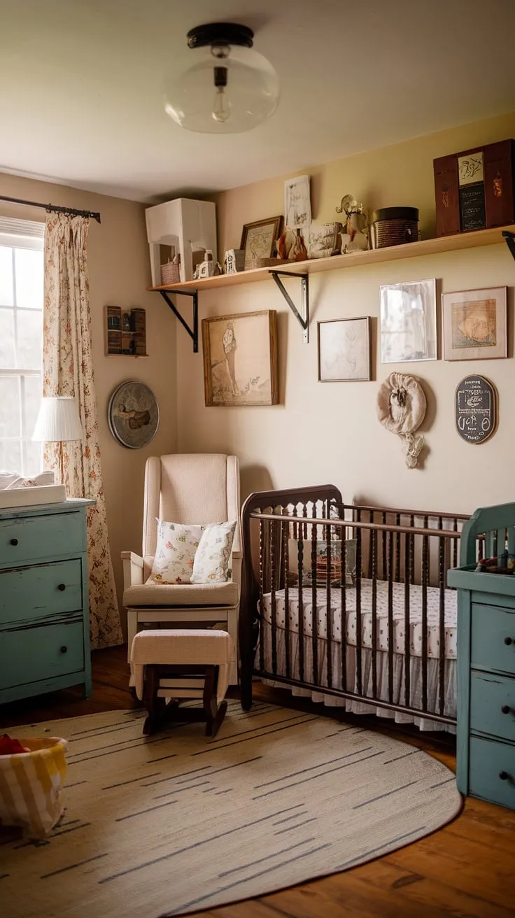 Warm lighting illuminates a charming vintage nursery, complete with crib, rocking chair, and thrifted decor