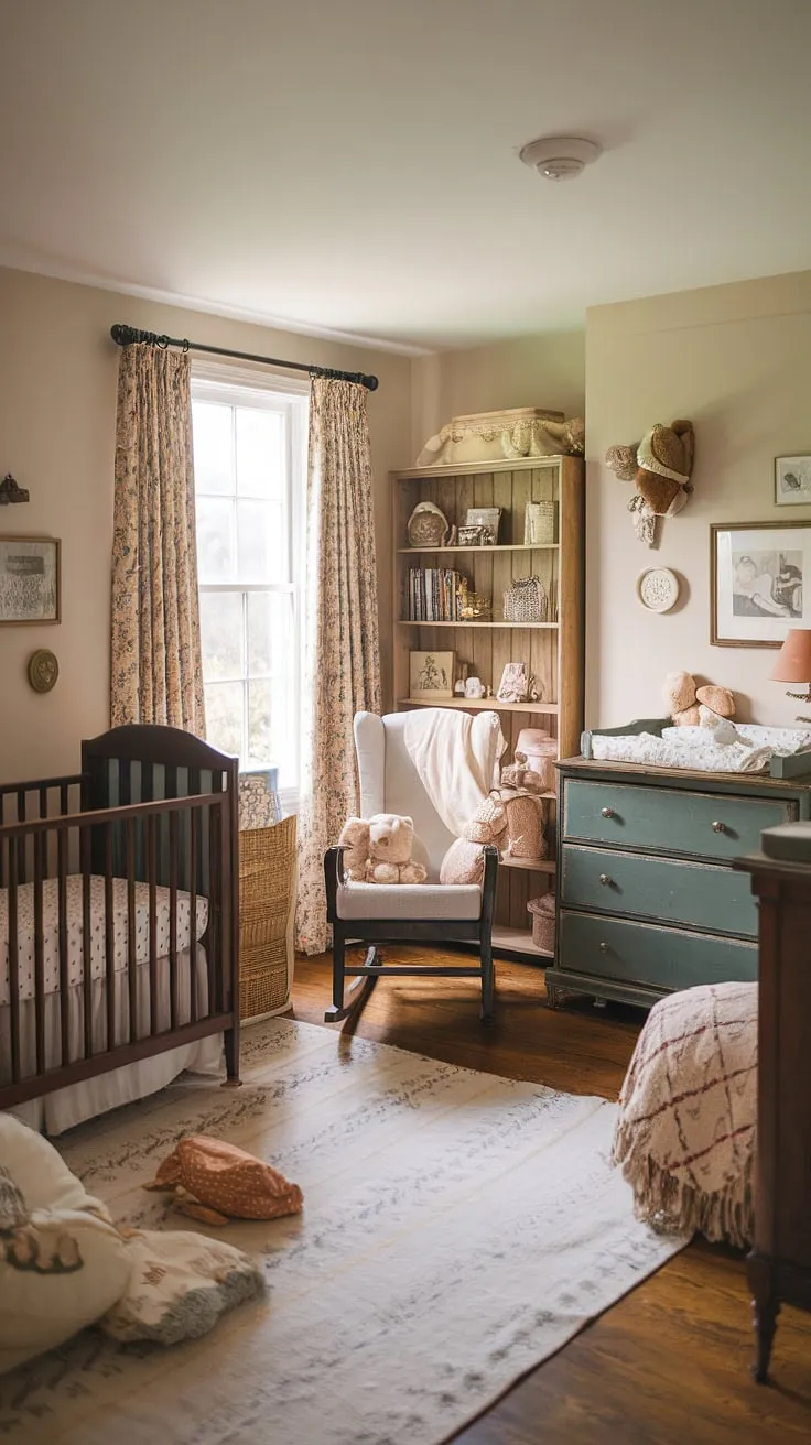 Charming antique details create a warm and inviting atmosphere in this cottage-style nursery.