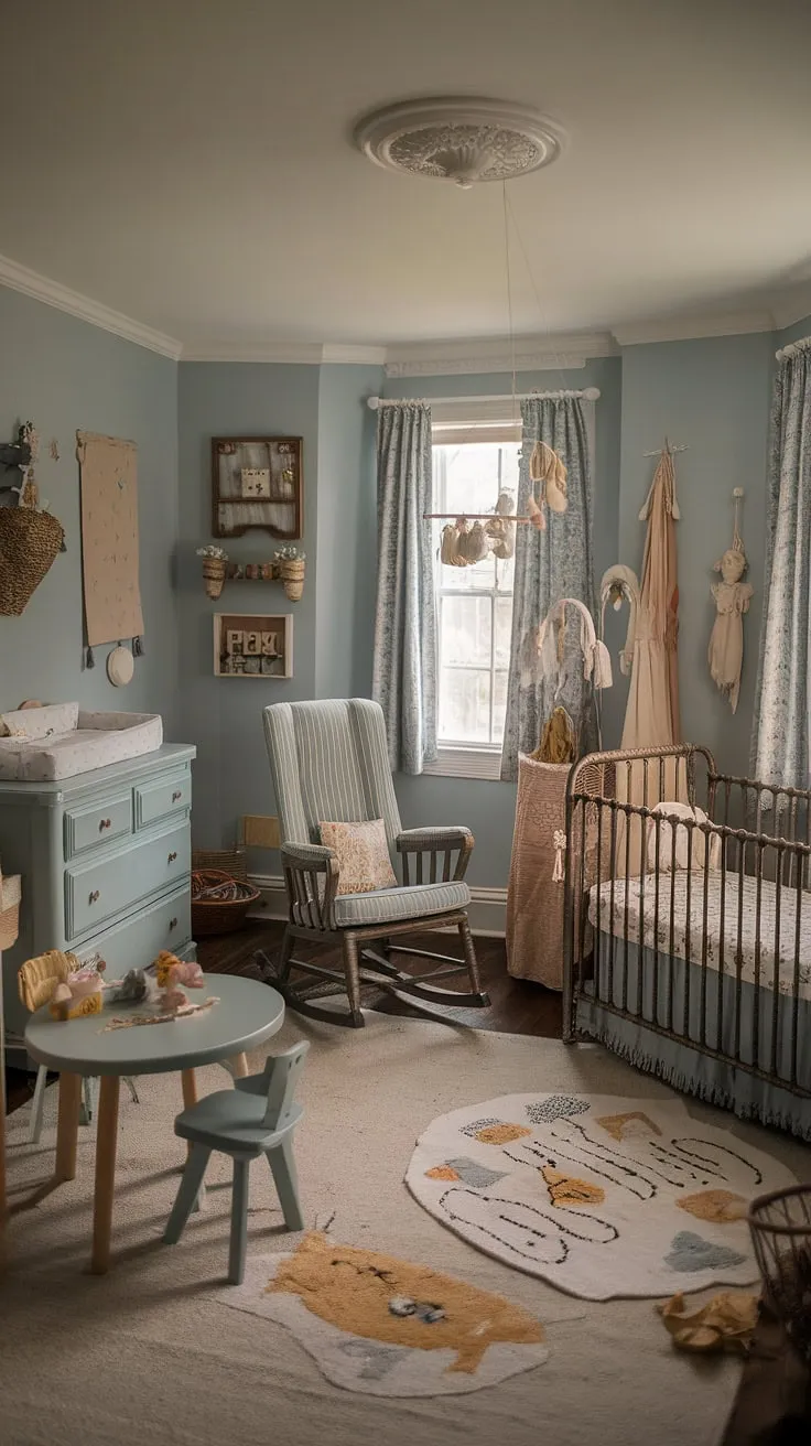 A charming, antique-style nursery evokes warmth and coziness with thrifted decor and a dedicated play area