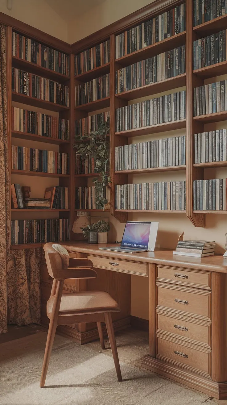 Escape the ordinary in this charming cottage office.  Surrounded by my beloved books in this cozy cottage library, my work from home office feels less like a job and more like a sanctuary.  The study office aesthetic is complete with a comfy chair and a quiet corner for focused work. This wfh office aesthetic is my happy place.