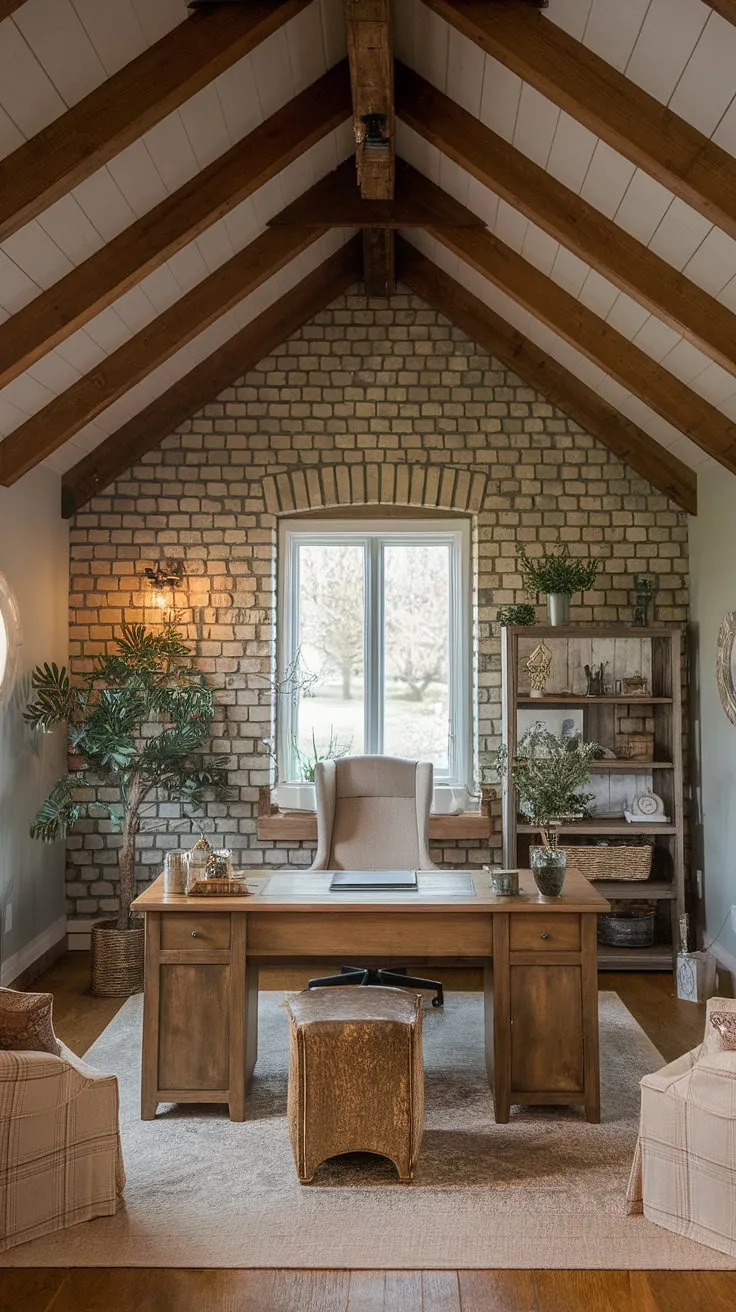 My cozy cottage library doubles as my work from home office. This wfh office aesthetic is everything I've ever wanted: a rustic blend of exposed brick, wooden beams, and a comfortable workspace.  The perfect cottage study room and study office aesthetic for anyone dreaming of a productive yet peaceful work from home setup.