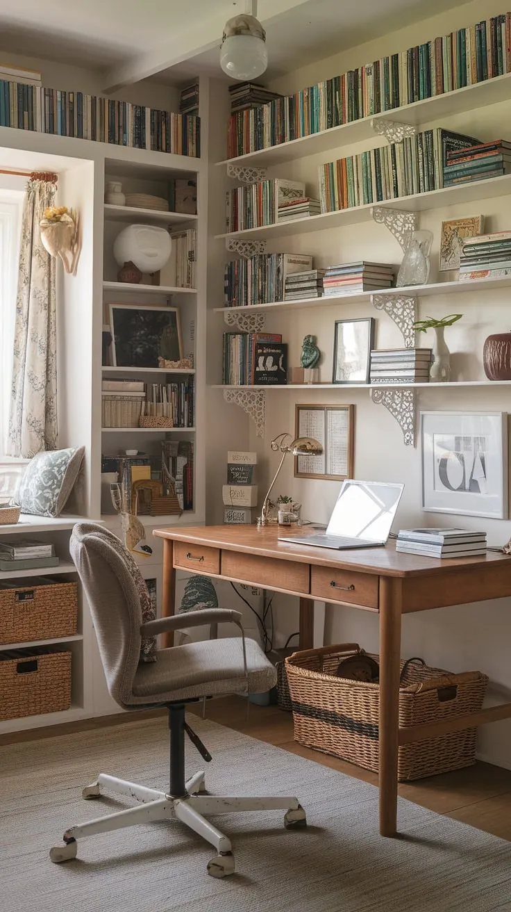 This cozy work from home setup in my cottage office is pure bliss.  The natural light streaming through the window makes this cottage study room the ideal spot for focused work.  Surrounded by books and a comfortable chair, it's the perfect wfh office aesthetic and my personal cozy cottage library.