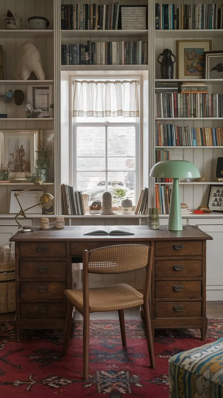 Escape to my cozy cottage library, now doubling as my work from home office.  This cottage study room boasts the perfect study office aesthetic and wfh office aesthetic, a haven for productivity and calm in my cozy work from home setup.