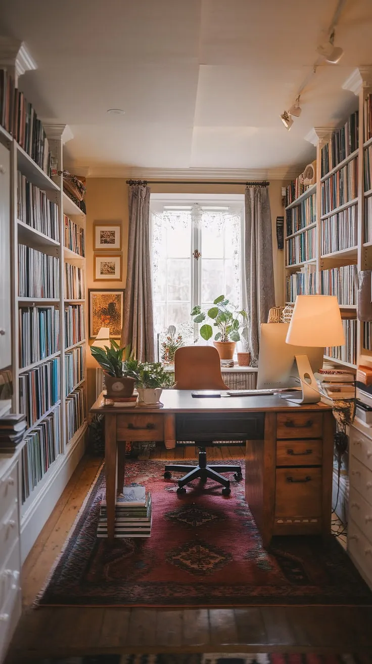 My cozy cottage library is also my work from home office – the perfect cottage study room and wfh office aesthetic. This cozy work from home setup is where I find my focus and inspiration, a true study office aesthetic in a charming cottage setting.