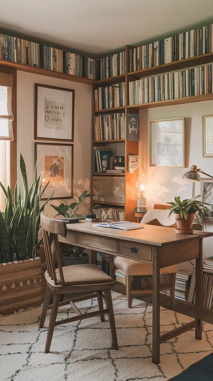 Escape the ordinary in this charming cottage office.  A cozy cottage library meets work from home office, creating the ultimate study office aesthetic and wfh office aesthetic.  This cozy work from home setup is my happy place.
