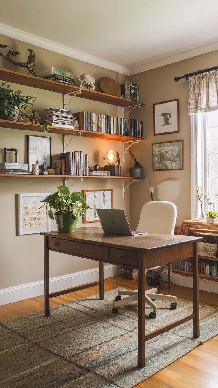 Sunlight streams through the window of my cozy cottage library, illuminating the perfect blend of work and relaxation in my cottage study room. This work from home office, with its study office aesthetic and wfh office aesthetic, is where productivity meets comfort.  A cozy work from home setup doesn't get much better than this.