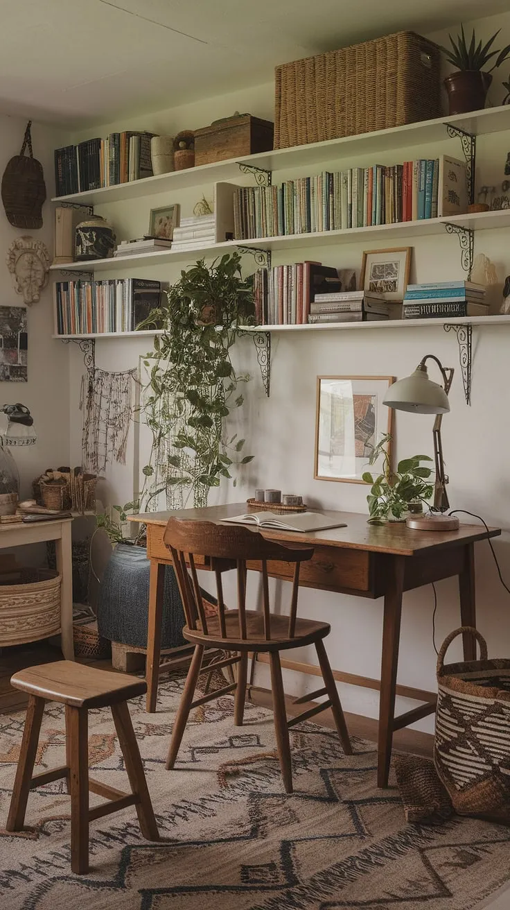 Escape to my cozy cottage library, now doubling as my work from home office. This cottage study room boasts the perfect study office aesthetic and wfh office aesthetic – a blend of rustic charm and functional workspace.  The vintage chair, wooden stool, and overflowing bookshelves complete this cozy work from home setup.