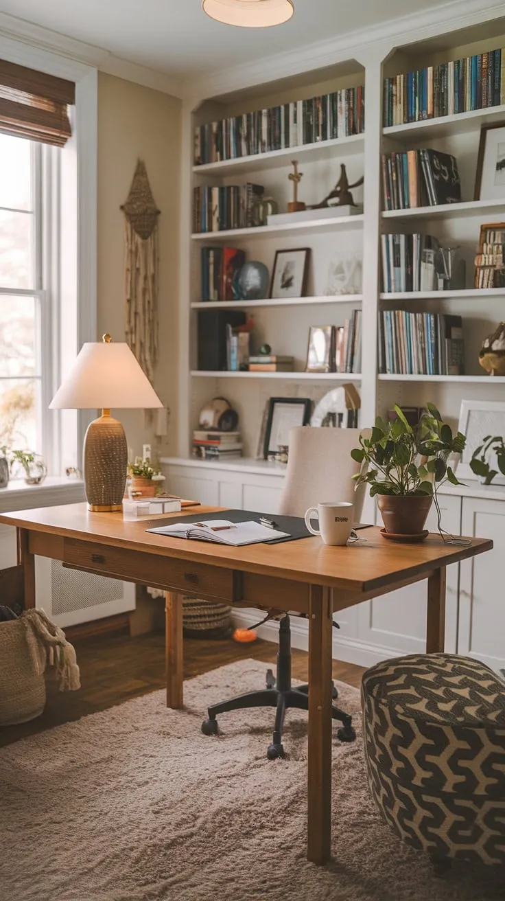 My cozy cottage library has been transformed into the perfect cottage study room—a haven for focused work and quiet contemplation. This work from home office, with its study office aesthetic, is my happy place.  The wfh office aesthetic is complete with a cozy work from home setup.