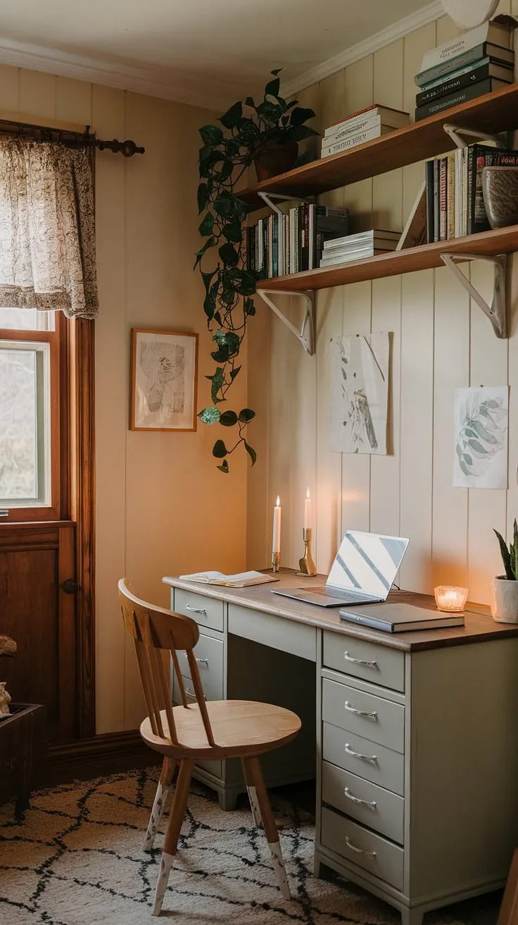 Tucked away in my cottage, this wfh office aesthetic is the epitome of a cozy cottage library.  The perfect blend of cottage office and study office aesthetic, this work from home office is where I find my focus and inspiration.