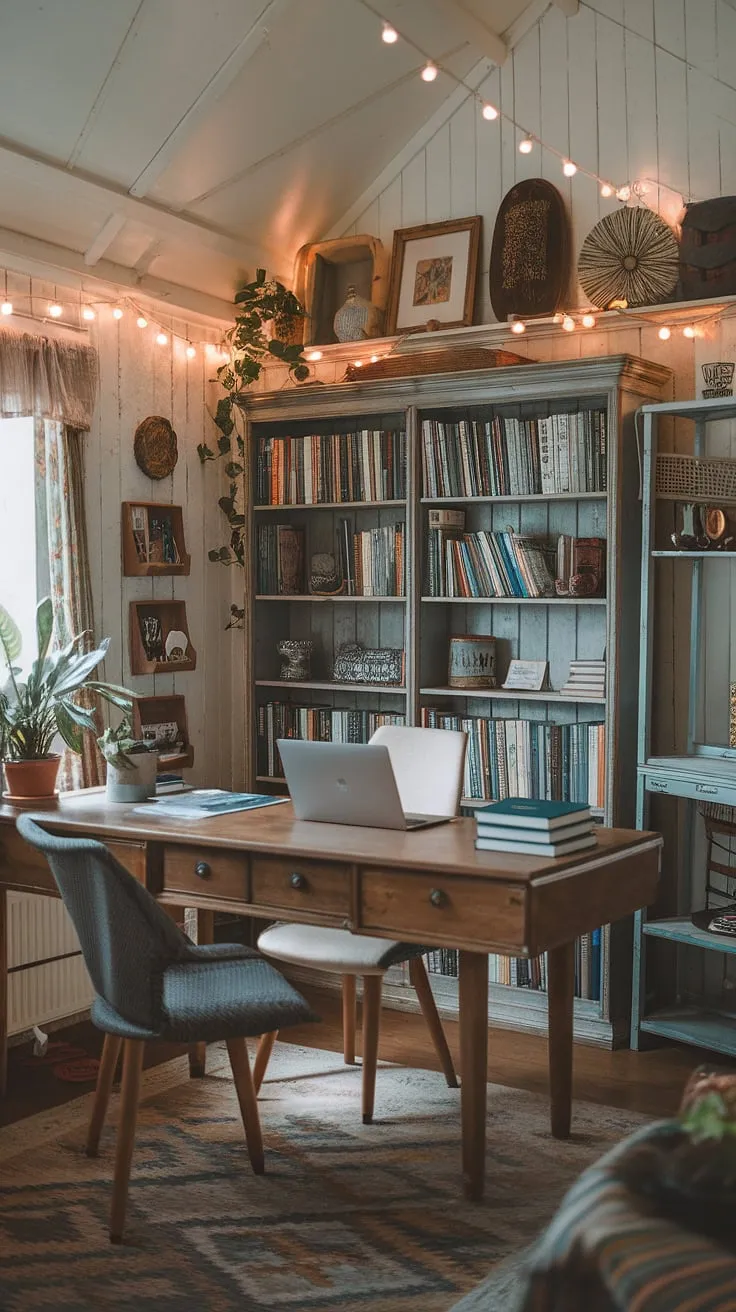 Sunlight streams through the window of my cozy cottage library, illuminating the perfect blend of work and relaxation in my cottage study room. This work from home office, with its study office aesthetic and wfh office aesthetic, is my sanctuary – a cozy work from home setup where productivity meets peaceful charm.