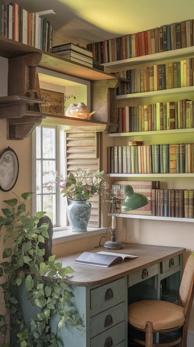 My little corner of calm: a cottage office where productivity meets peaceful charm. This cozy work from home setup, complete with a vintage lamp and a flourishing green plant, makes even the longest workday feel like a retreat. The perfect wfh office aesthetic in my cozy cottage library.
