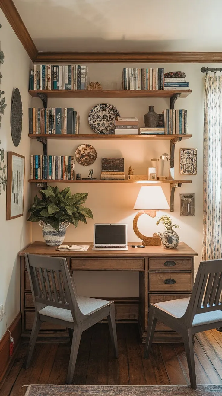 Sunlight streams through the window of my cozy cottage library, illuminating the perfect blend of work and relaxation in my cottage study room. This work from home office, with its study office aesthetic and wfh office aesthetic, is my sanctuary – a cozy work from home setup where productivity meets peaceful charm.