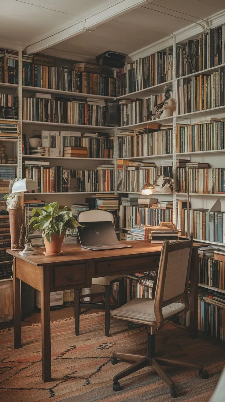Escape to my cozy cottage library, a haven for work and inspiration. This cottage office doubles as a study office aesthetic, a perfect wfh office aesthetic for those seeking a cozy work from home setup.  The vintage lamp and surrounding books complete the charming cottage study room vibe.
