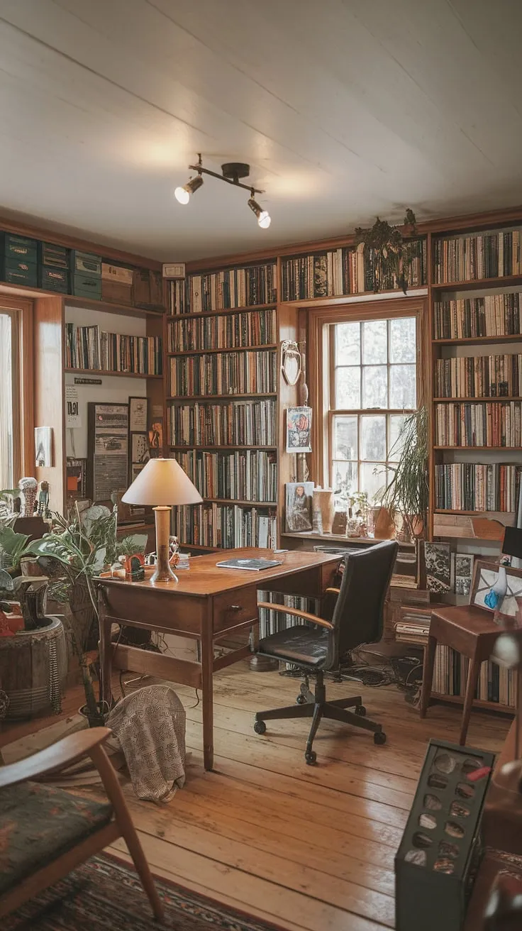 Tucked away in my cozy cottage, this cottage office is more than just a workspace; it's a cozy cottage library and a study office aesthetic all rolled into one.  The wfh office aesthetic is undeniably charming, making this cozy work from home setup the ideal blend of productivity and peaceful comfort.