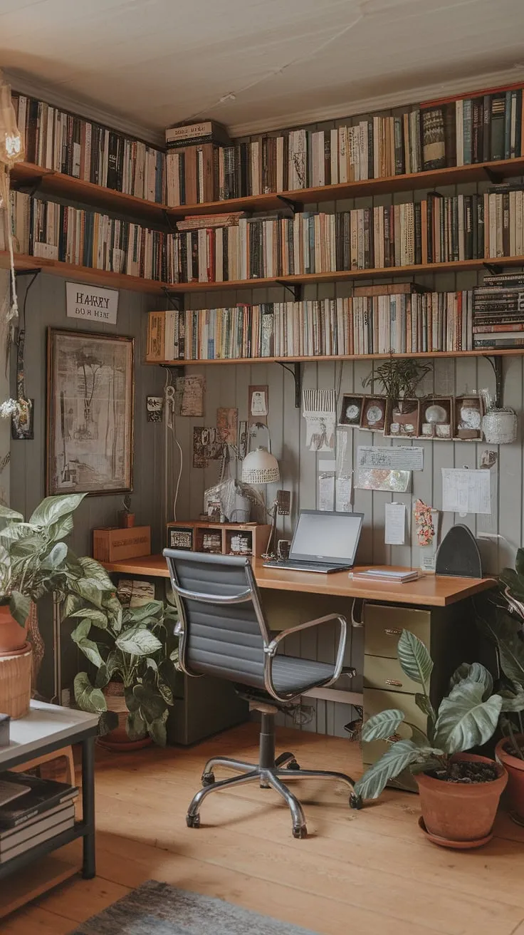 Escape the ordinary and embrace the extraordinary in this cozy cottage library, now my dedicated cottage office.  The wfh office aesthetic is all about comfort and productivity, and this cozy work from home setup delivers on both.  The study office aesthetic is complete—a perfect blend of function and charm.