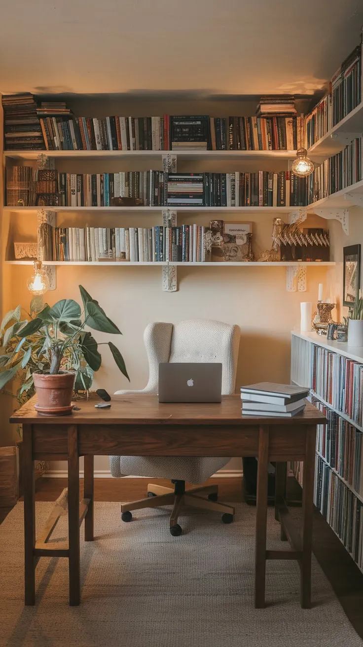 Escape to my cozy work from home setup – a charming cottage office that doubles as a cozy cottage library.  The warm lighting and surrounding books create the perfect study office aesthetic, making this work from home office my favorite spot.