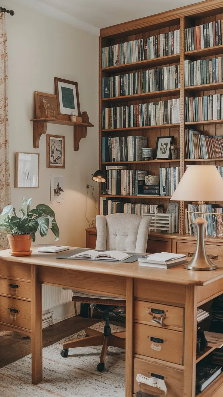 My wfh office aesthetic is finally complete! This cottage office is the ultimate cozy work from home setup, transforming a simple study office aesthetic into a cozy cottage library.  The perfect blend of productivity and relaxation, this space is my happy place.