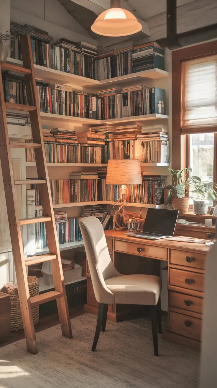 My little slice of heaven: a cottage office where work feels less like work and more like retreating to a cozy cottage library. This wfh office aesthetic is everything I've ever wanted – a warm, inviting study office aesthetic perfect for my work from home setup.  The rustic charm makes every day feel like a staycation.