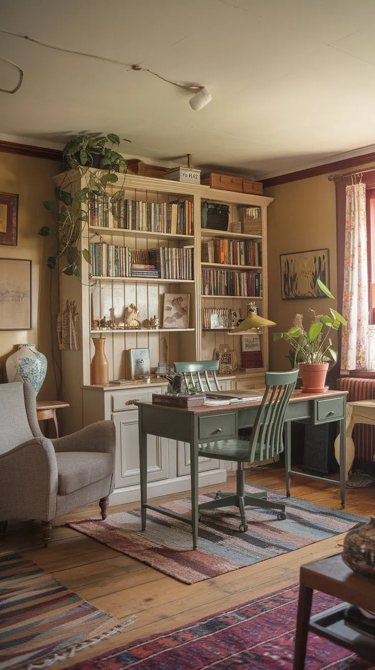 Escape to my cozy work from home setup – a charming cottage office that doubles as a cozy cottage library.  The warm colors and vintage desk create the perfect study office aesthetic, making even the most demanding work feel manageable.  This wfh office aesthetic is my sanctuary.