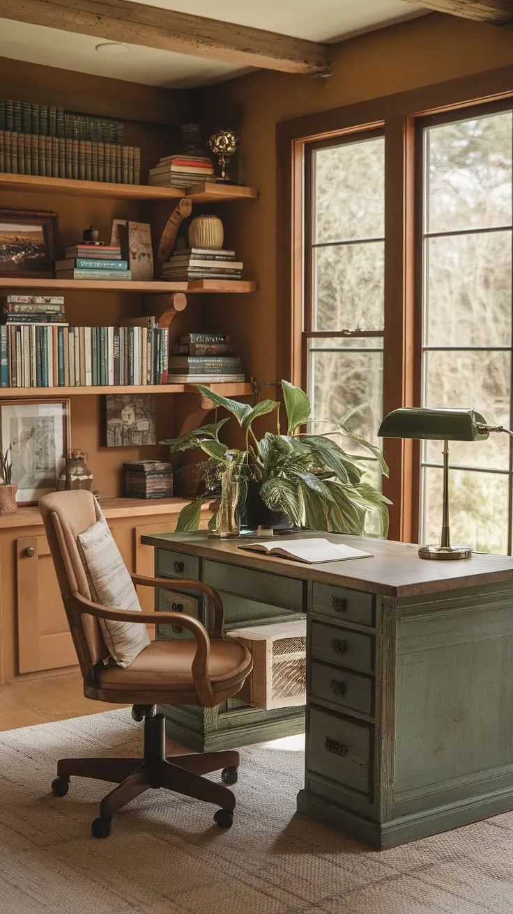 Sunlight streams into my cozy cottage library, transforming this cottage study room into the perfect work from home office.  The study office aesthetic is all about comfort and productivity, creating a cozy work from home setup where inspiration flows as freely as the afternoon light.