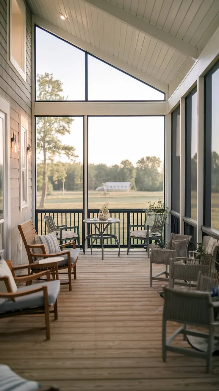 Soft light bathes a modern farmhouse's screened porch, inviting relaxation amidst a tranquil landscape.