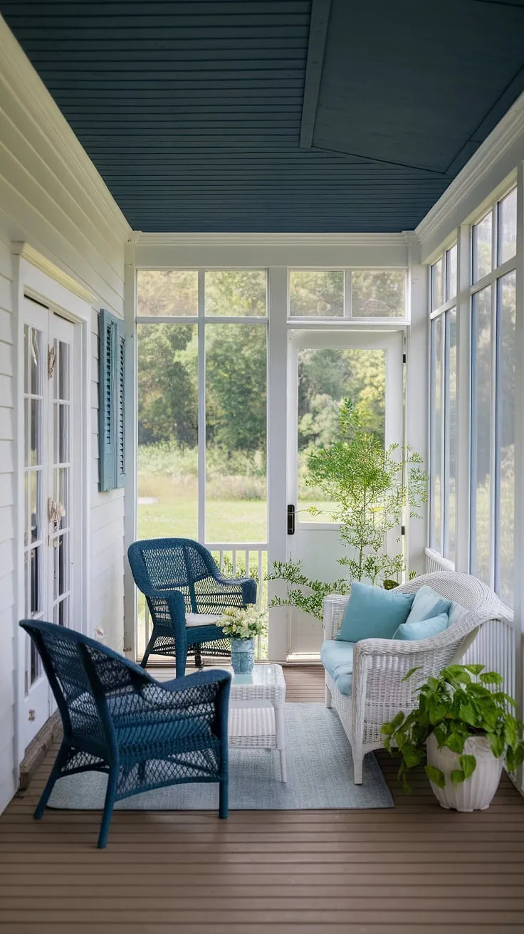 Enclosed serenity defines this white cottage porch, a blue-ceilinged haven furnished with wicker and greenery.