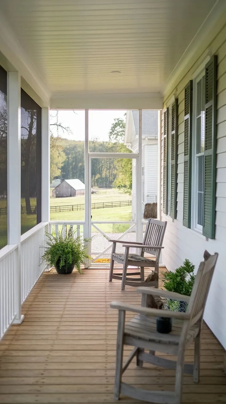 A charming white cottage porch, screened and inviting, offers a peaceful escape to nature's tranquility