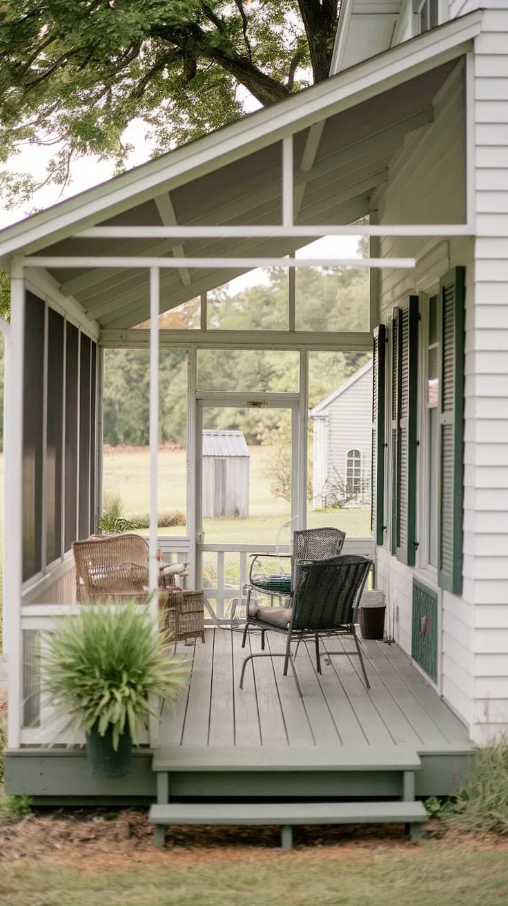 Inviting green-shuttered cottage and peaceful landscape create idyllic farmhouse serenity.