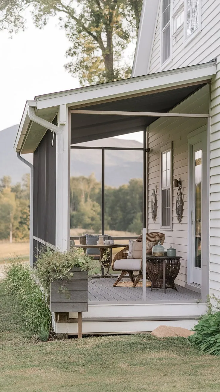 A cozy cottage porch, screened and furnished, overlooks a serene mountain landscape.