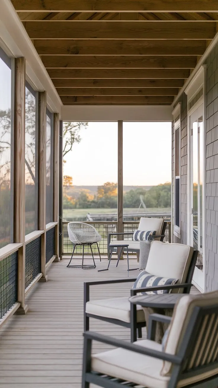 Modern farmhouse screened porch offers tranquil outdoor living