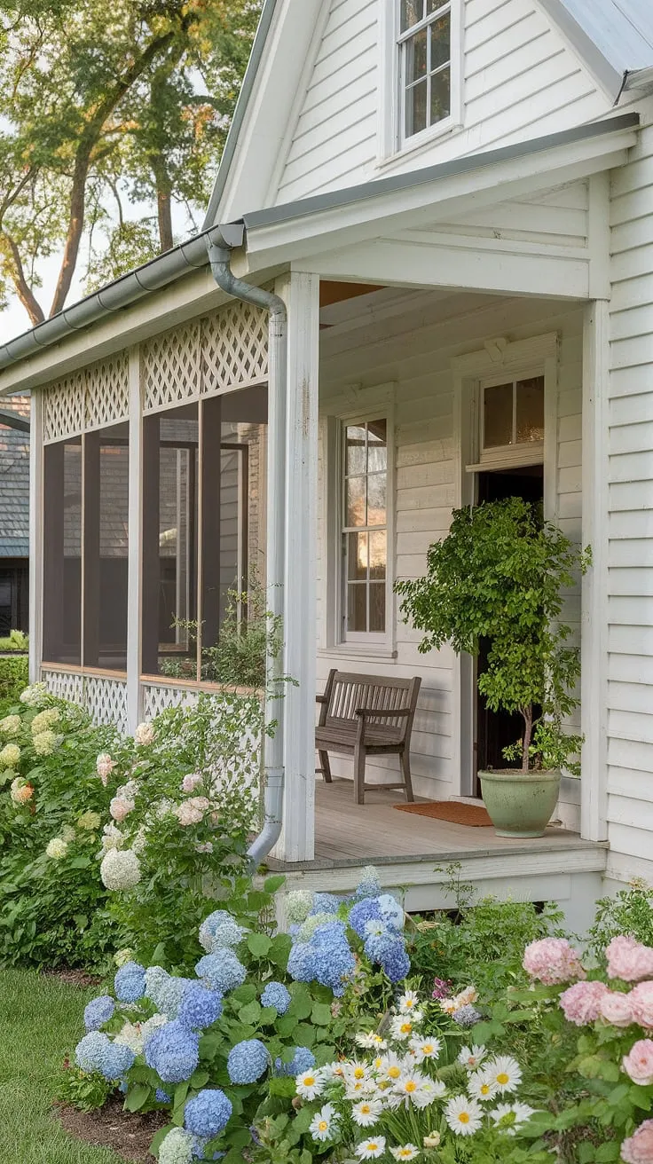 A white farmhouse porch, screened and adorned with rustic wood and lush greenery, offers a peaceful retreat amidst a blooming garden.