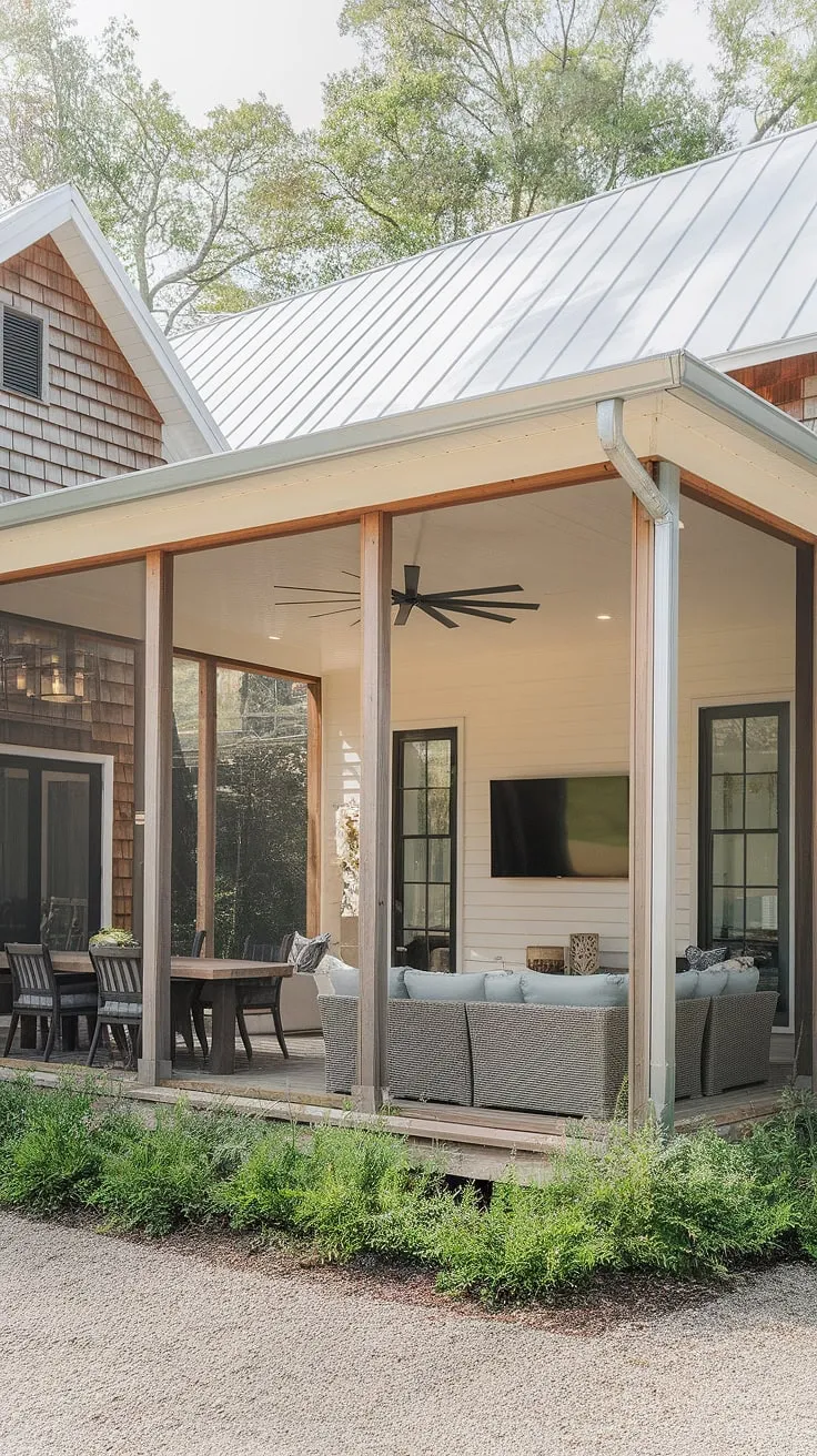 Relax on a spacious cottage porch, complete with comfy seating, dining area, and TV, nestled amidst lush greenery.