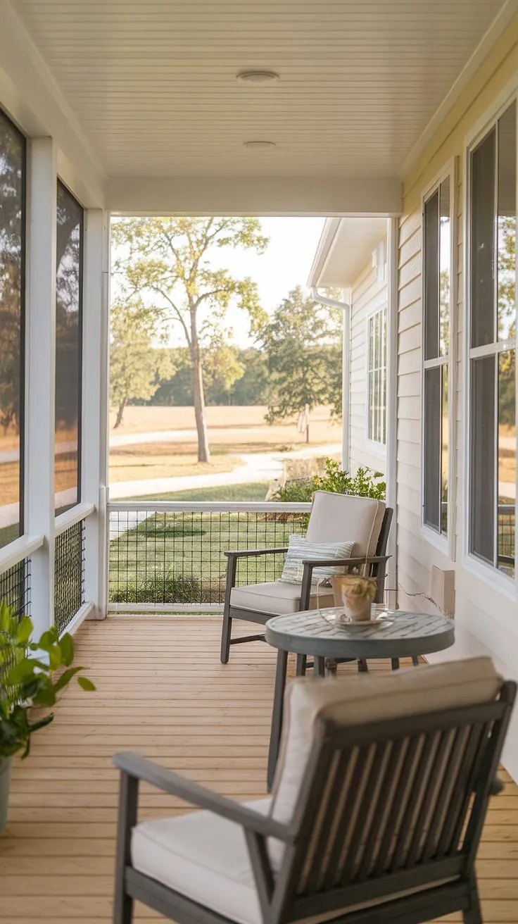A modern farmhouse's inviting screened porch, furnished with chairs and a table, overlooks a tranquil landscape.
