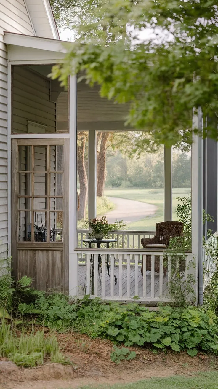 Enticing tranquility awaits on the farmhouse's screened porch, nestled amidst nature's gentle embrace.