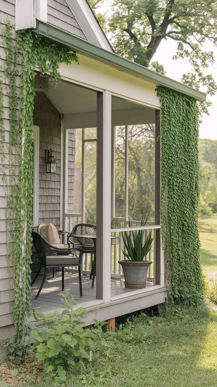 Ivy-covered cottage porch offers a tranquil escape into nature
