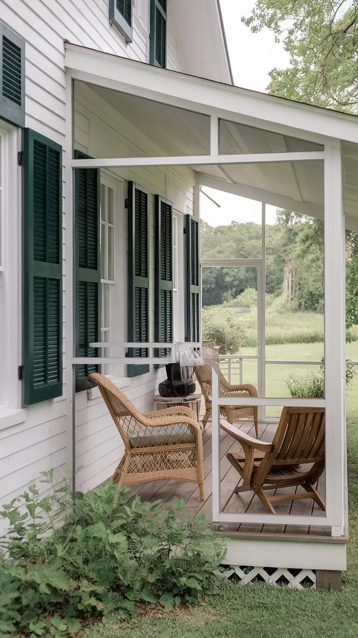 Rustic charm abounds on this cottage porch, its screened-in area offering a peaceful retreat overlooking a verdant landscape.