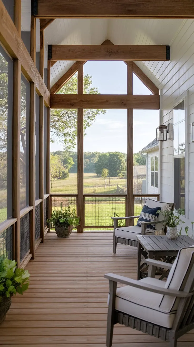 Relax and enjoy the view from this cozy modern farmhouse's screened cottage porch.