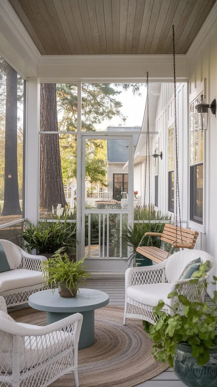A serene cottage porch, screened and shaded by trees, offers a relaxing retreat with white wicker furniture and a gentle swing.