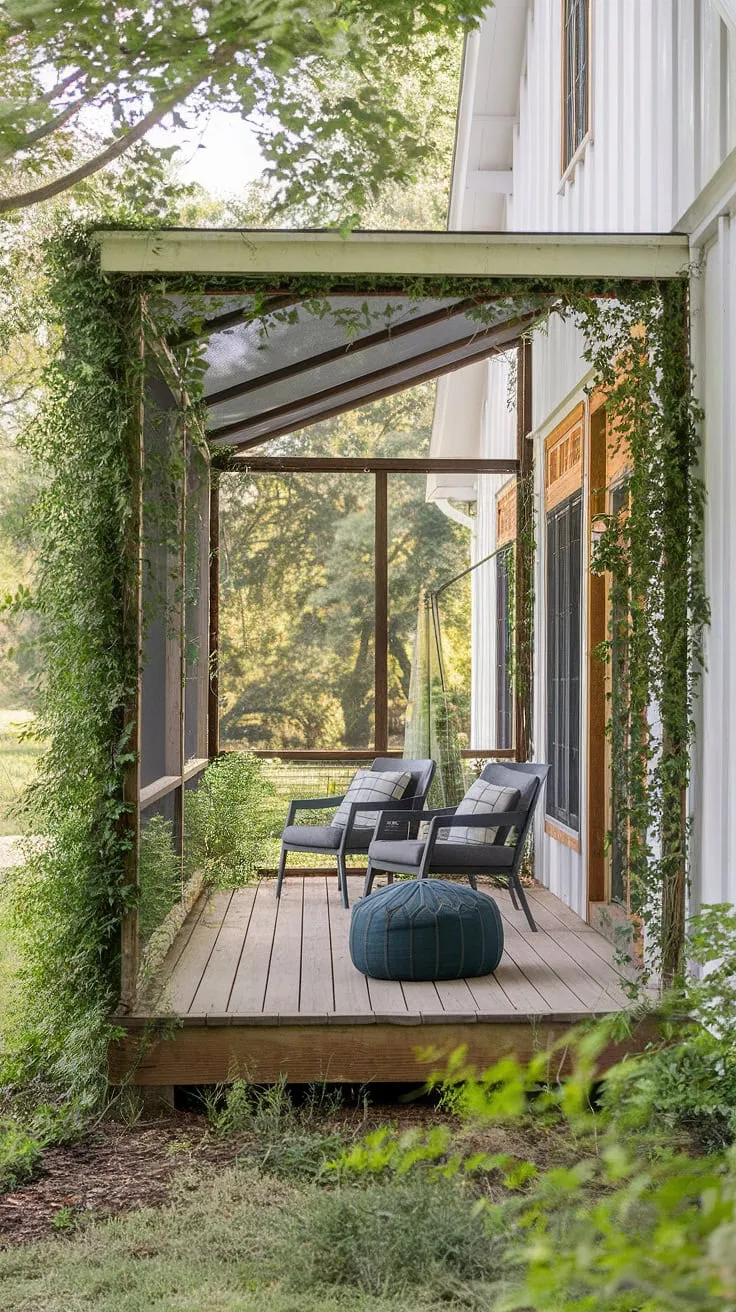 A serene cottage porch, screened and draped in greenery, offers a peaceful retreat with wooden floors and comfortable seating.