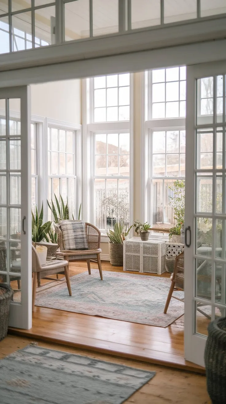 Escape to tranquility in this stunning cottage sunroom.  This modern farmhouse sunroom boasts a thoughtful sunroom design, incorporating ample windows, charming sunroom furniture, and lush greenery.  Explore sunroom ideas for your own home and envision the perfect sunroom addition, a space brimming with natural light and inviting solarium seating.