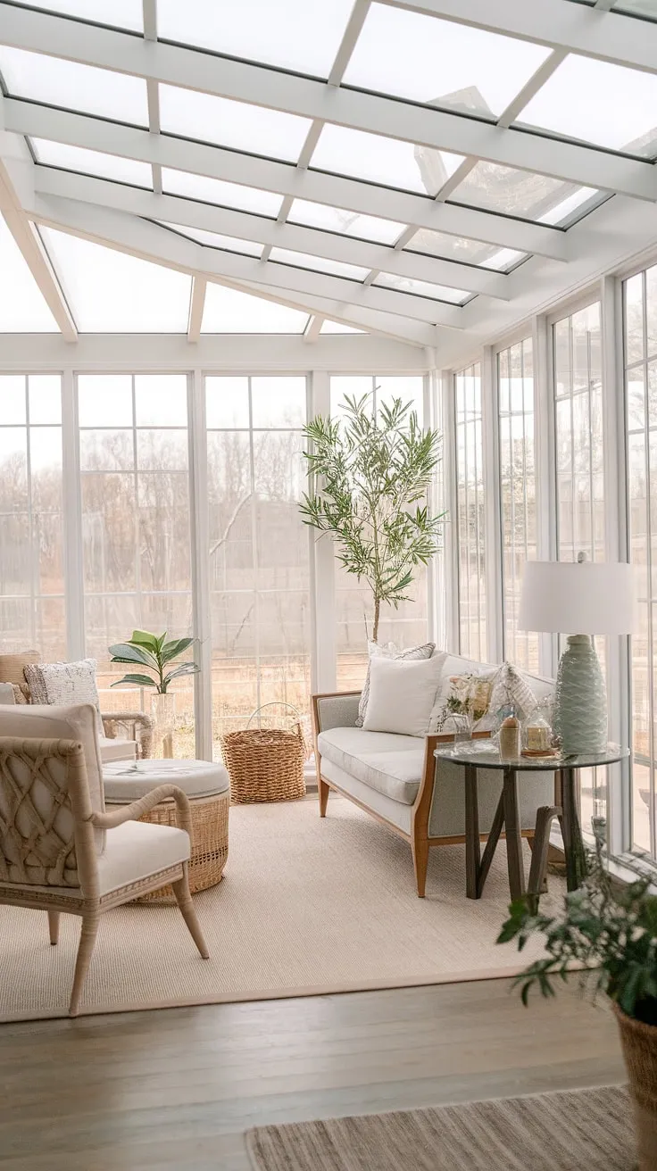 Sunlight streams into this dreamy modern farmhouse sunroom, showcasing the perfect blend of sunroom design and comfortable solarium seating.  The sunroom addition is a stunning example of sunroom ideas, complete with thoughtfully chosen sunroom furniture.  Consider this your inspiration for conservatory ideas.