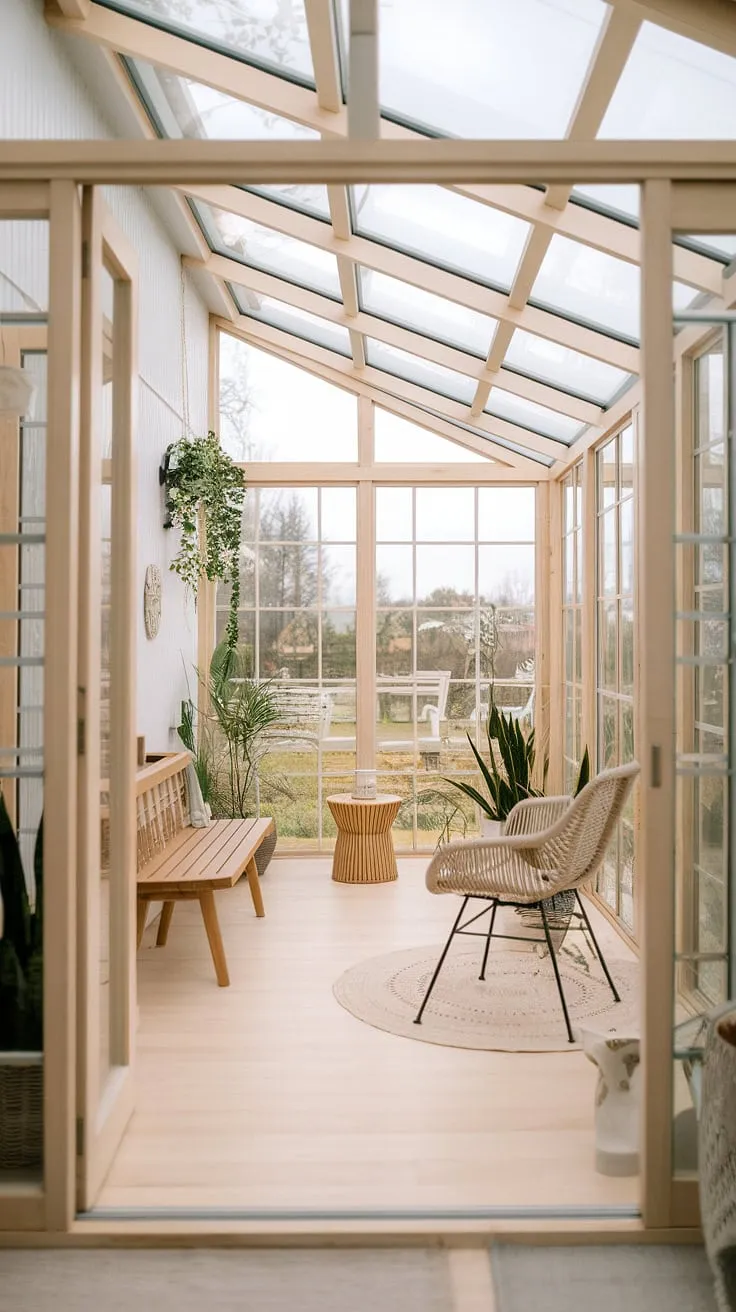 Escape to your own private oasis with this inviting cottage sunroom.  The sunroom design effortlessly combines modern farmhouse style with cozy sunroom furniture.  This sunroom addition offers endless possibilities for sunroom ideas and luxurious solarium seating, creating the perfect conservatory ideas for your home.