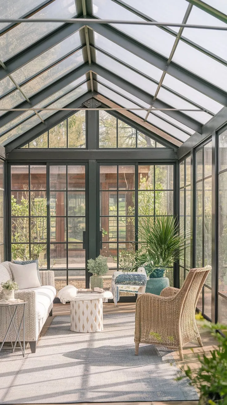 Sunlight streams into this dreamy modern farmhouse sunroom, showcasing the perfect blend of sunroom design and comfortable solarium seating.  The sunroom furniture complements the cottage sunroom aesthetic, making it an ideal space for relaxation.  Consider this inspiring sunroom addition or conservatory ideas for your own home.