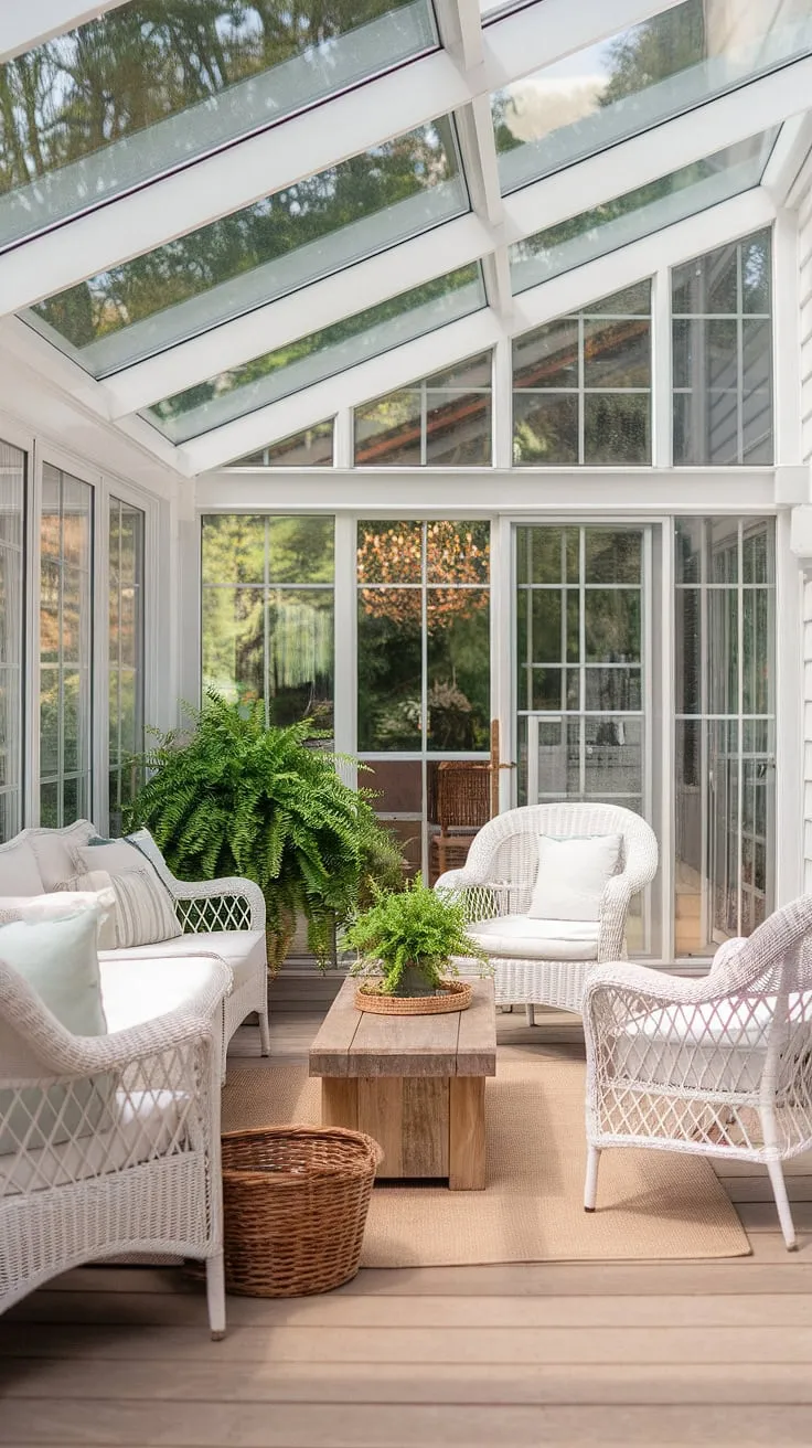 Bathed in sunlight, this cottage sunroom is a dream come true.  White wicker furniture complements the modern farmhouse aesthetic, while the glass walls and roof create a seamless transition between indoors and the lush greenery outside.  Explore sunroom design possibilities with this stunning sunroom addition, featuring clever sunroom furniture choices and inspiring conservatory ideas for your own solarium seating area.
